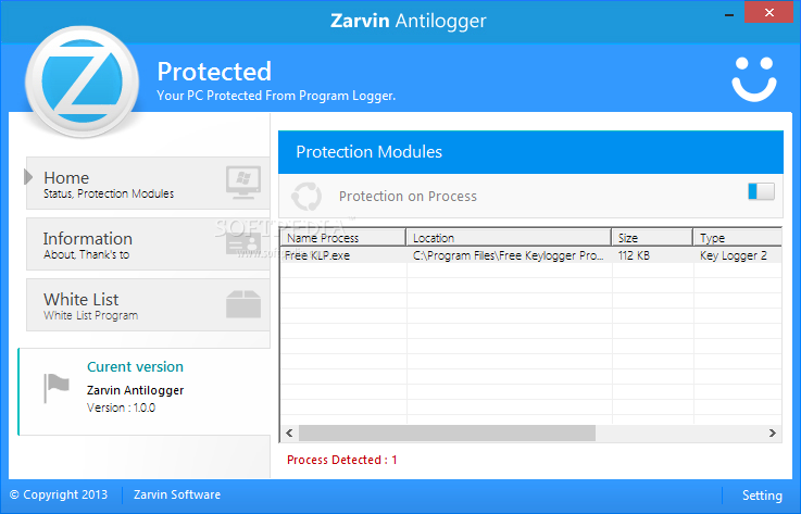 Zarvin Antilogger screenshot 1 - With the help of Zarvin Antilogger you are able to detect and block any keylogger installed on your system