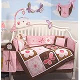 SoHo Pink & Brown Floral Garden Crib Nursery Bedding Set 10 pcs **Reversible Into Morden Pink & Brown Polka Dot Designs **