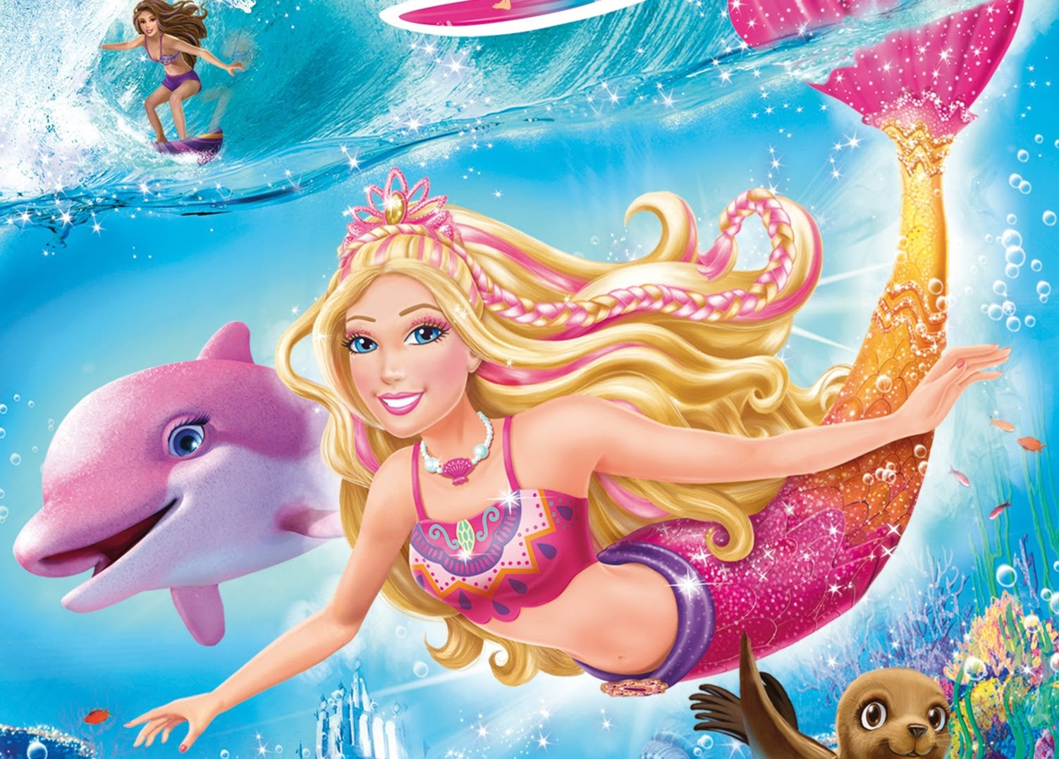 Coloriage Barbie nage avec un dauphin