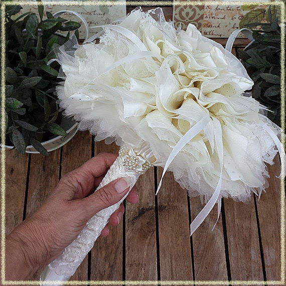 Wedding Bouquet ecru fabric, lace, ribbon and brooches