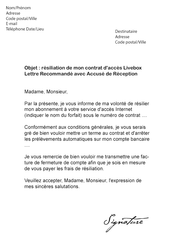 Lettre de résiliation Orange (Livebox Fibre) - Modèle de 