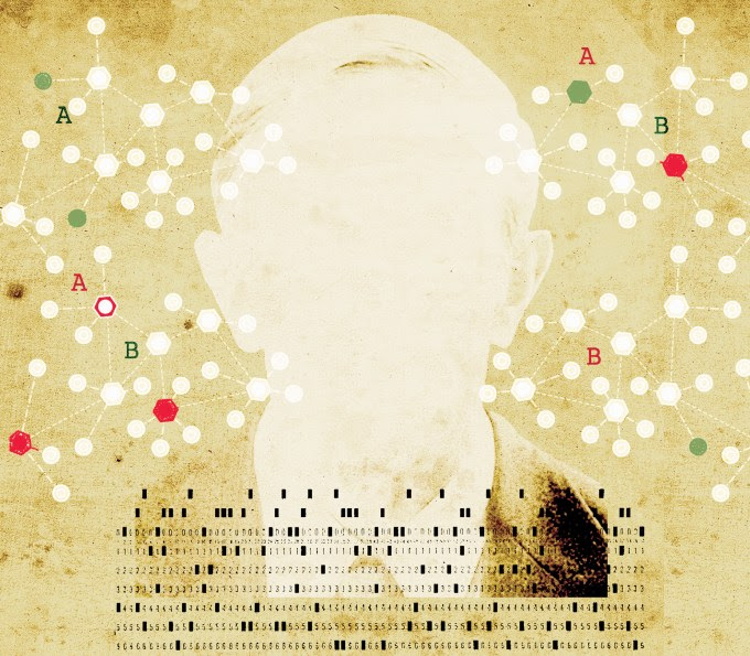 Networks and computer data around head of businessman