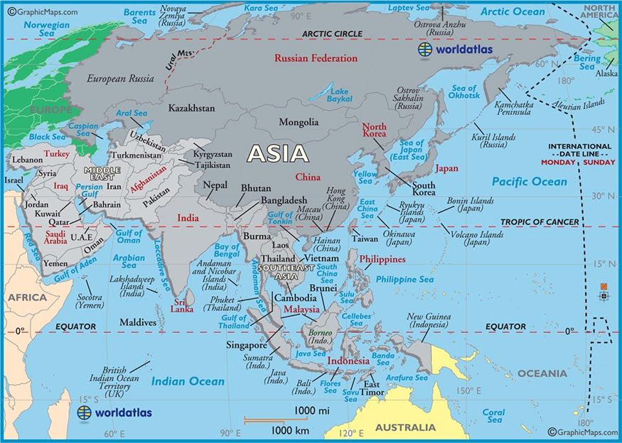 Large Map of Asia, Easy to Read and Printable