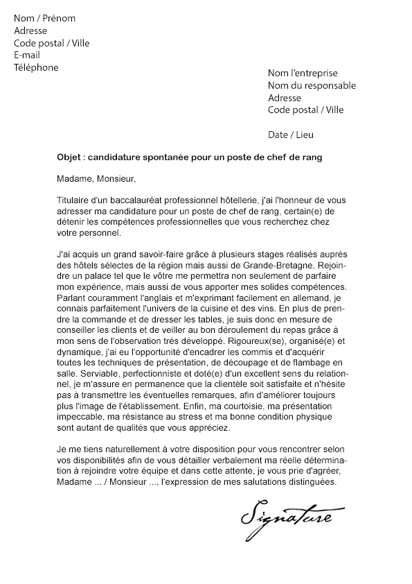Lettre de motivation Chef de rang - Modèle de Lettre