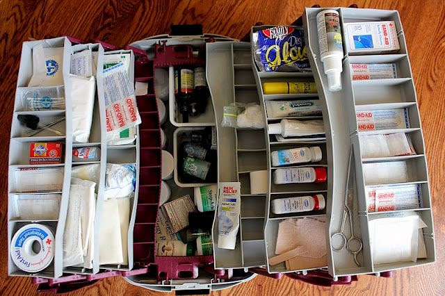 List of things to put in a first aid kit and how to organize a fishing tackle box into a first aid kit.