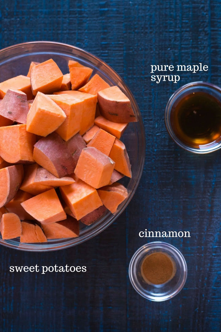 The three ingredients you need to make these mashed sweet potatoes from scratch, which include raw sweet potatoes, ground cinnamon, and pure maple syrup.