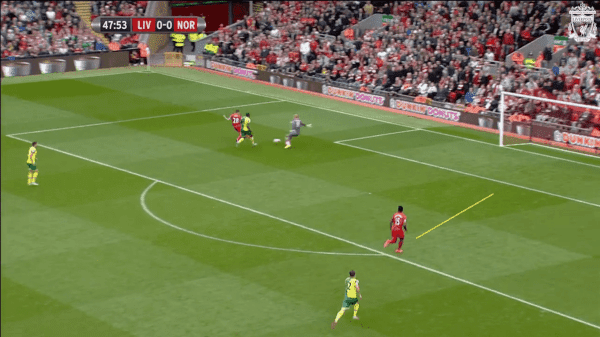 48 mins, Sturridge vs. Norwich - Supporting run for Ings' goal