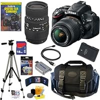 Nikon D5100 16.2MP CMOS Digital SLR Camera with 18-55mm f/3.5-5.6 AF-S DX VR Nikkor Zoom Lens and Sigma 70-300mm f/4-5.6 SLD DG Macro Lens with built in motor + 16GB Deluxe Accessory Kit