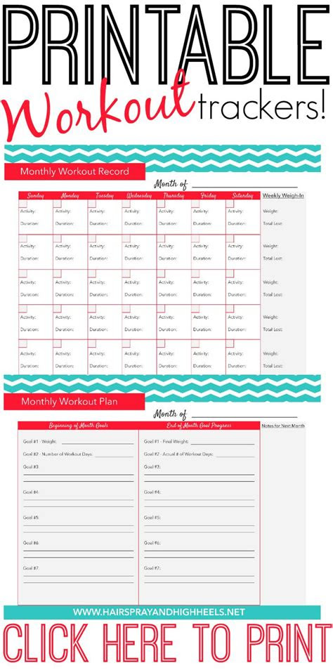 fitness tracker printable fitness calendar workout goal