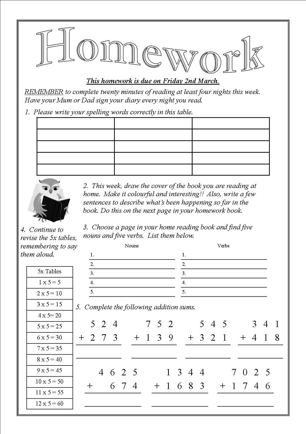 Homework Worksheets to Print | Learning Printable