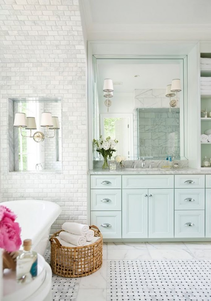 Light Blue Bathroom Ideas : 37 light blue bathroom floor tiles ideas and pictures - The cream and white color scheme go perfectly for a traditional bathroom style that has a fitted vanity dresser and a small space.