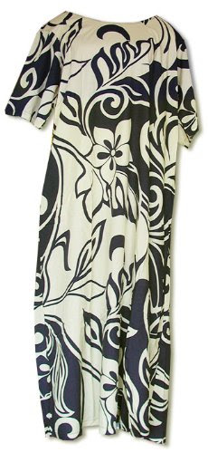 Round Neck Long Dress - Bold Beach Botanic Hawaiian Aloha Caftan/Kaftan Style Evening Dress in Cream/Navy Blue - 4X Plus