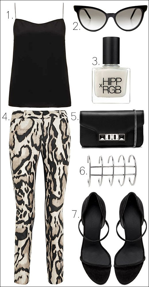 LE FASHION BLOG OUTFIT COLLAGE FINE LINES Topshop Black Silk Camisole Skinny Straps By Boutique  Wildfox Le Femme Black Cat Eye Sunglasses  HIPP x RGB Nail Highlight Nail Polish Diane von Furstenberg Mary Animal Print Leopard Pants  Proenza Schouler Black Smooth Calf Leather PS11 Chain Wallet  Bag NastyGal Silver Tall Long Caged Cuff  Alexander Wang Stasya Strappy Heel Sandals Simple Classic Clean Look Inspiration photo LEFASHIONBLOGOUTFITCOLLAGEFINELINES.jpg