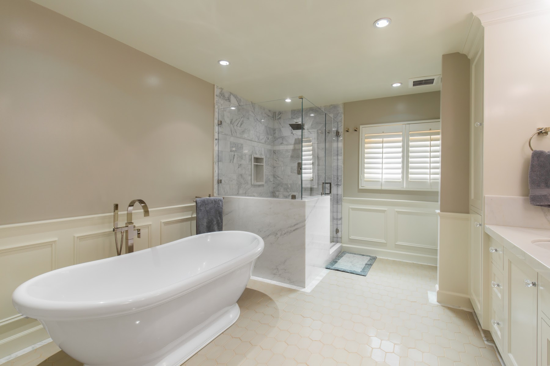 A Master Bath retreat with soaking tub  and separate  shower  