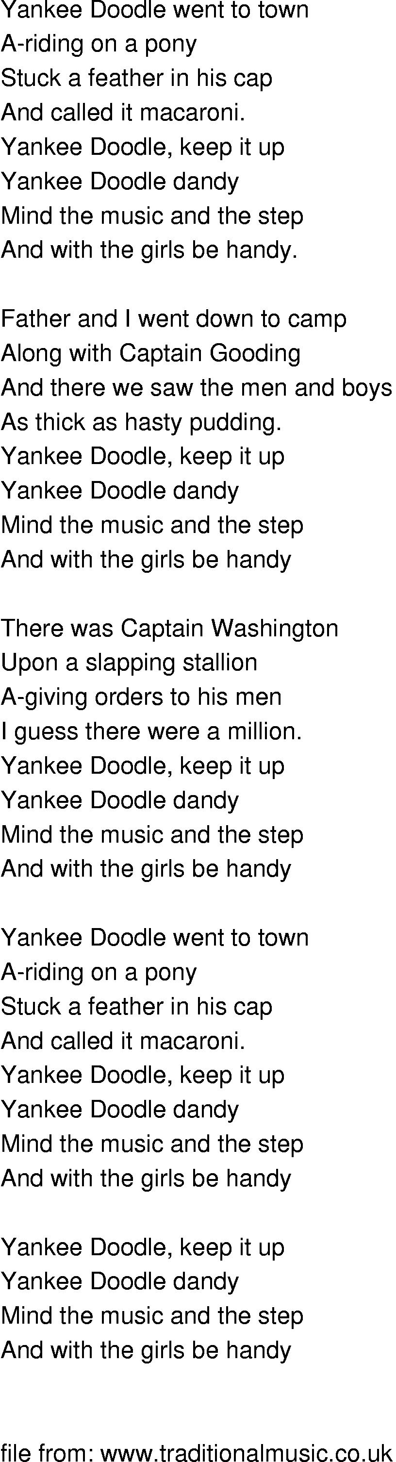 Old Time Song Lyrics Yankee Doodle