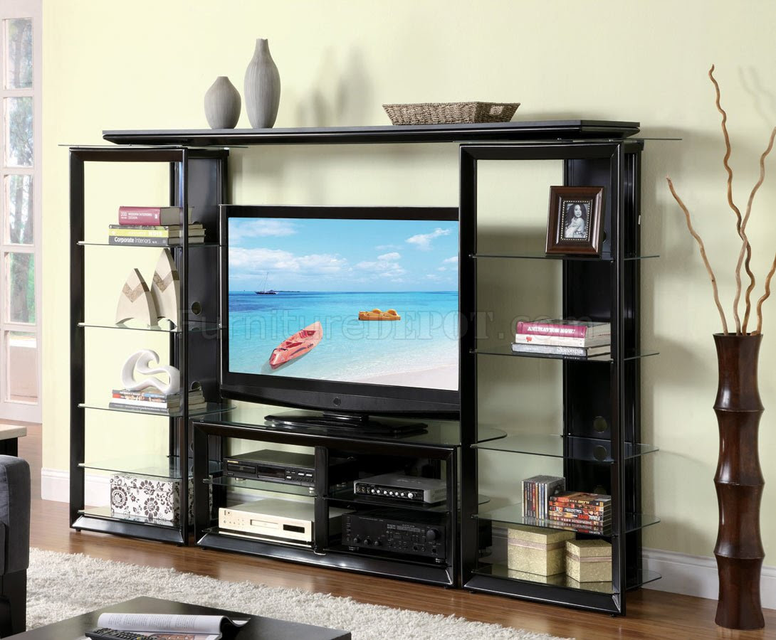 Gloss Black Modern Entertainment Wall Unit w/Glass Shelves