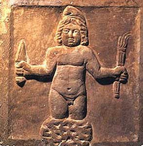 Mithra, born from a rock holding a dagger and a torch