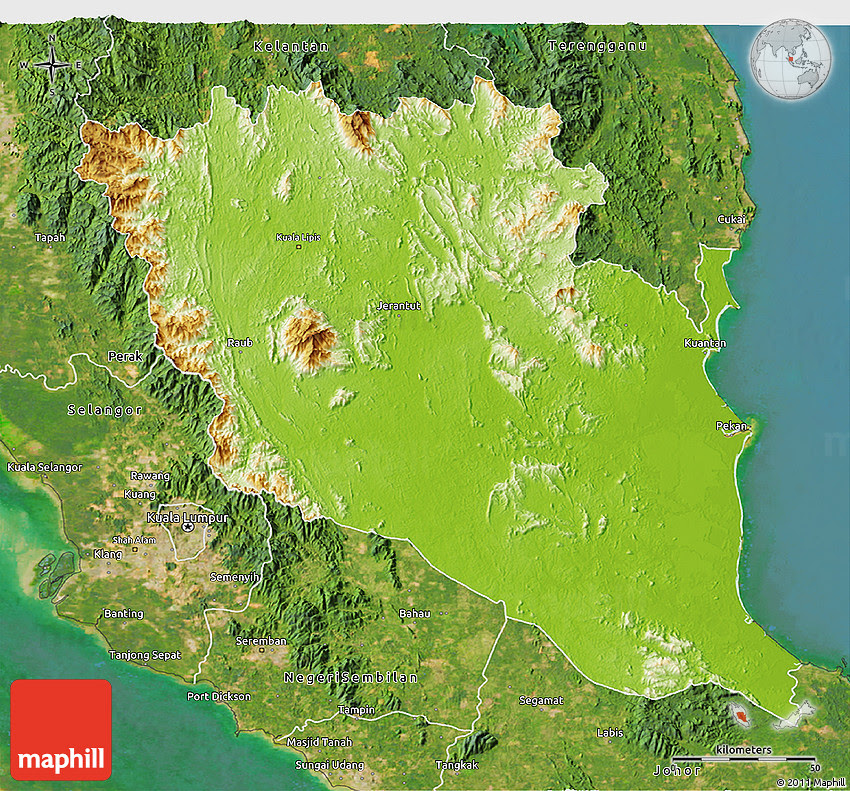 Physical 3D Map of Pahang, satellite outside