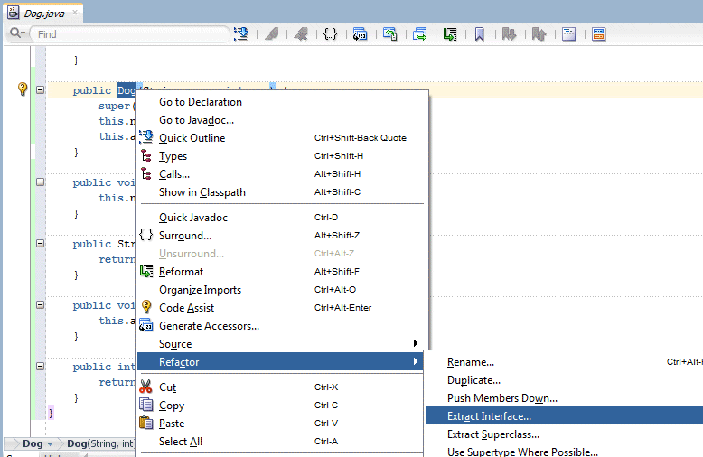 Source editor: Dog class declaration context menu with Refactor > Extract Interface menu option selected.