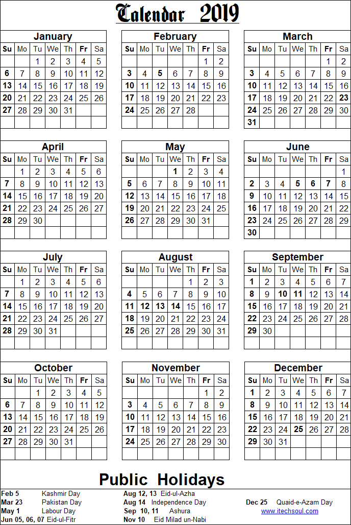 Colorized / Black & White Printable Calendar 2019 