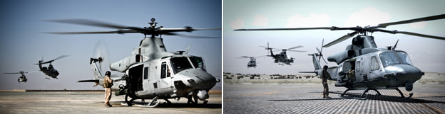 A flight from USMC ‘Scarface’ squadron takes off from Camp Bastion for close air support mission over Helmand province, Afghanistan by John Cantlie (left) Still from the game Arma 2 (right)