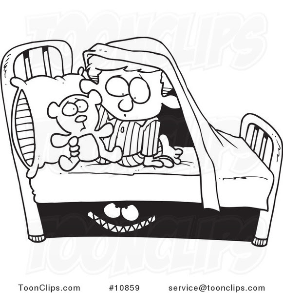 Cartoon Black and White Line Drawing of a Monster Scaring a Boy Under ...