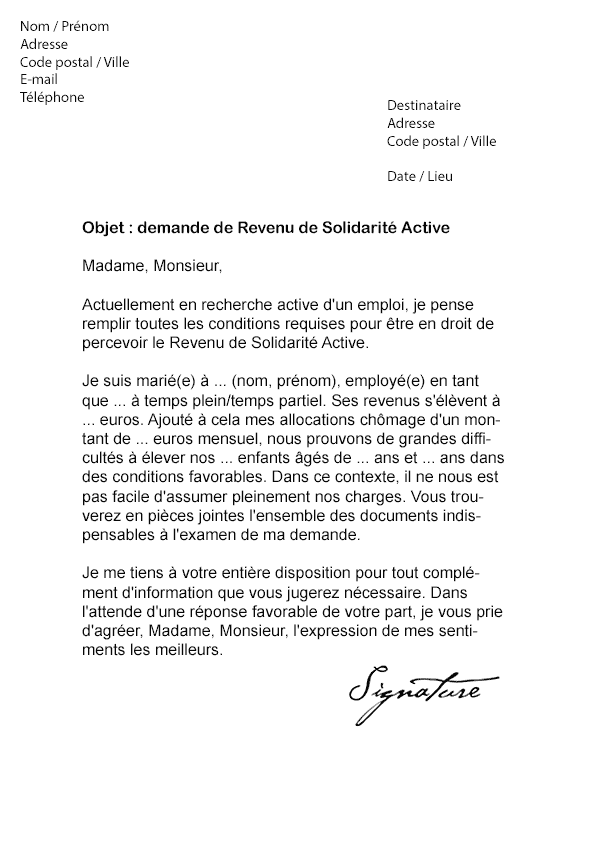 Lettre de demande de RSA (Revenu de Solidarité Active 
