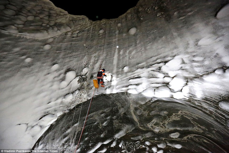 The expedition (pictured) was carried out in temperatures of minus 11ºC (51ºF). The crater is located on the intersection of two tectonic faults, and although the Yamal peninsula is 'seismically quiet', the experts said the area where the crater is, is quite active