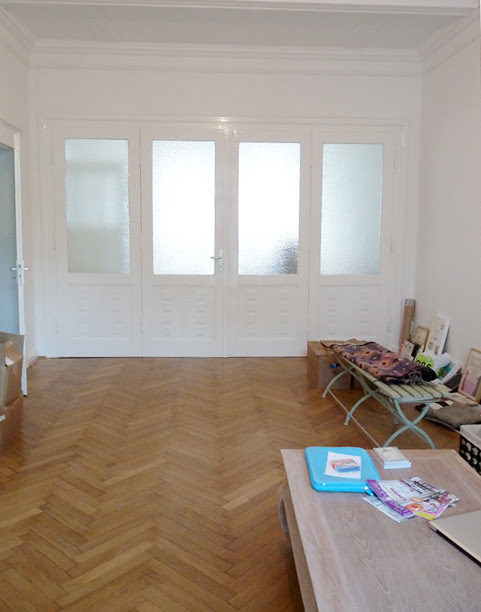 Doors shut, they fold like an accordion or open like french doors