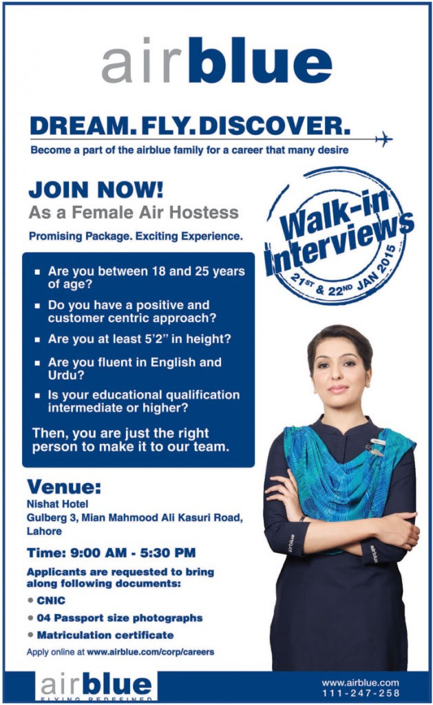 Air Hostess Jobs In Air Blue 2015