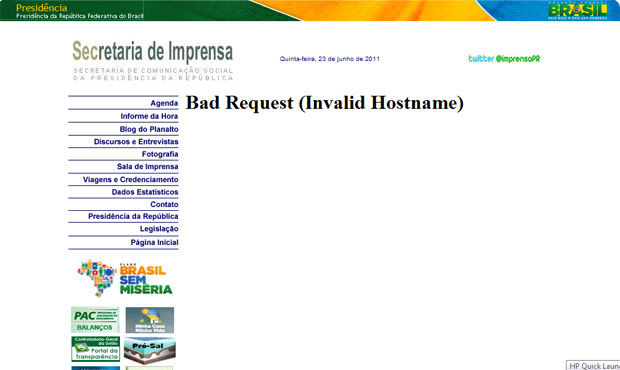 Site da Secretaria de Imprensa da Presidência na tarde desta quinta (23) (Foto: Reprodução)
