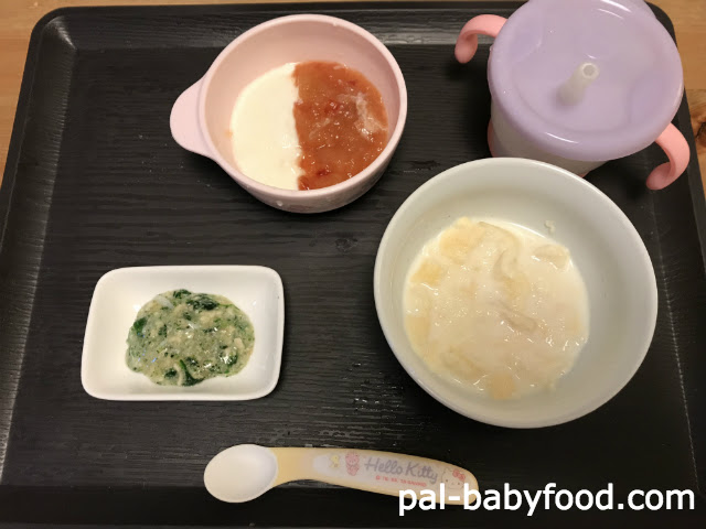 離乳食中期 ヨーグルトりんご トマトジュレ ほうれん草とササミのとろみあんかけ
