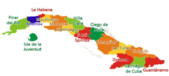 Mapa de Cuba, 15 provincias y 1 municipio especial
