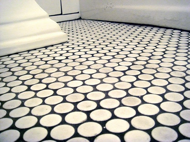 white penny tile floor with black grout | Bathrooms | Pinterest