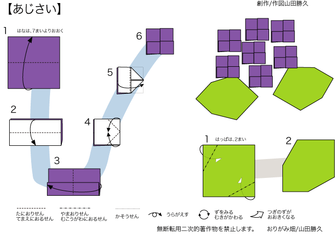 おりがみ畑の折り紙教室 折り紙の紫陽花の折り方折り図 神奈川折り紙箸袋協会 おりがみ畑