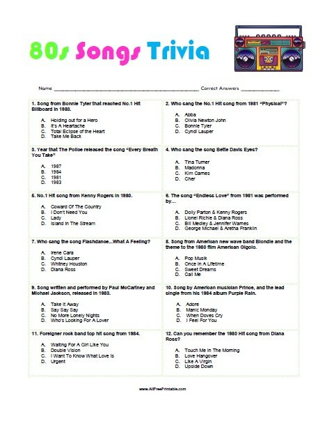 80s Songs Trivia Free Printable