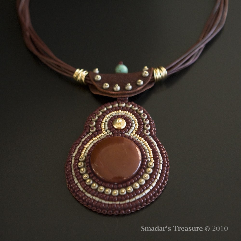 Leather Tribal Beaded Necklace with Carnelian and Turquoise Pendant