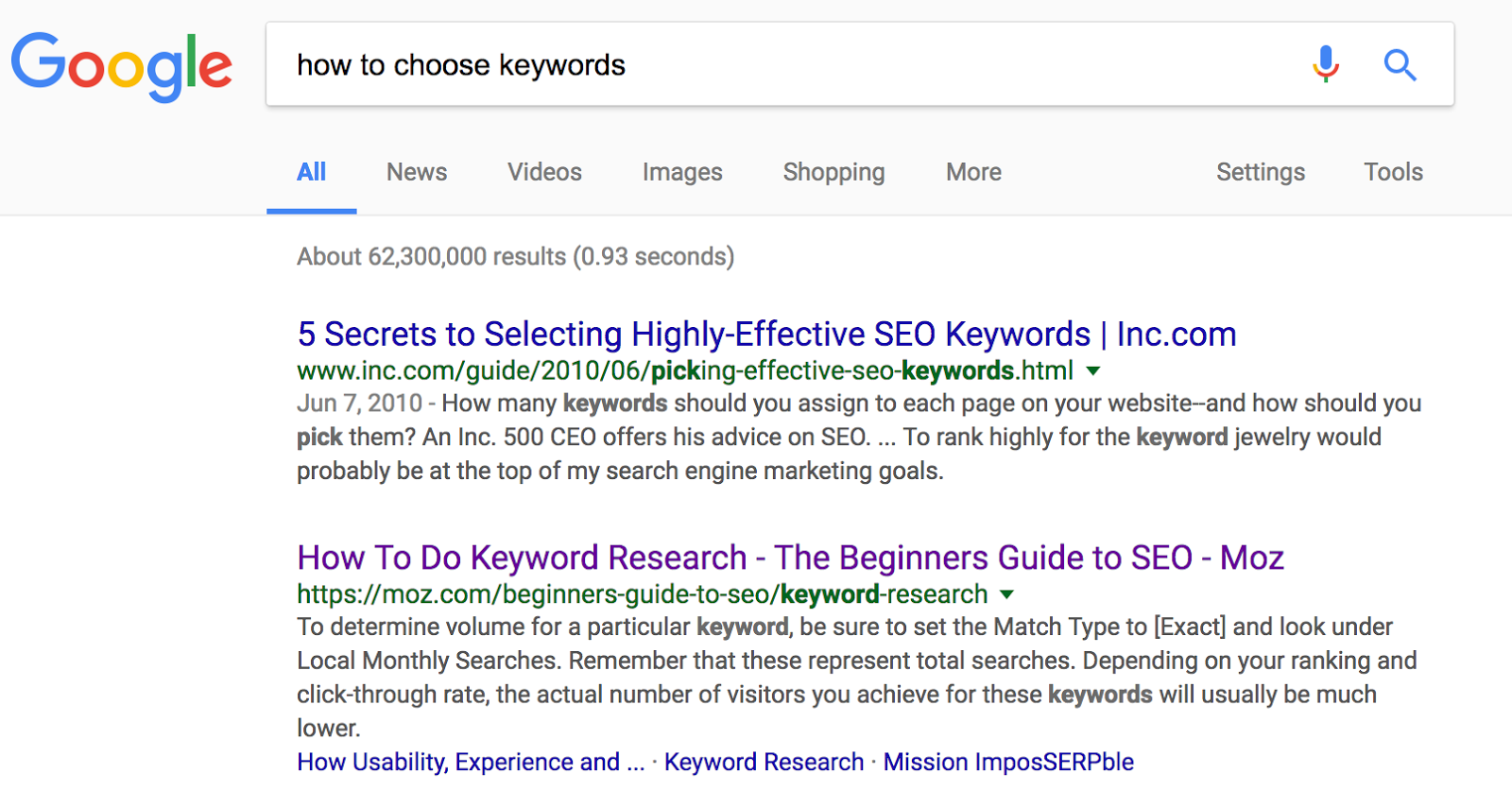 Screenshot: SERP & snippet for "how to choose keywords"