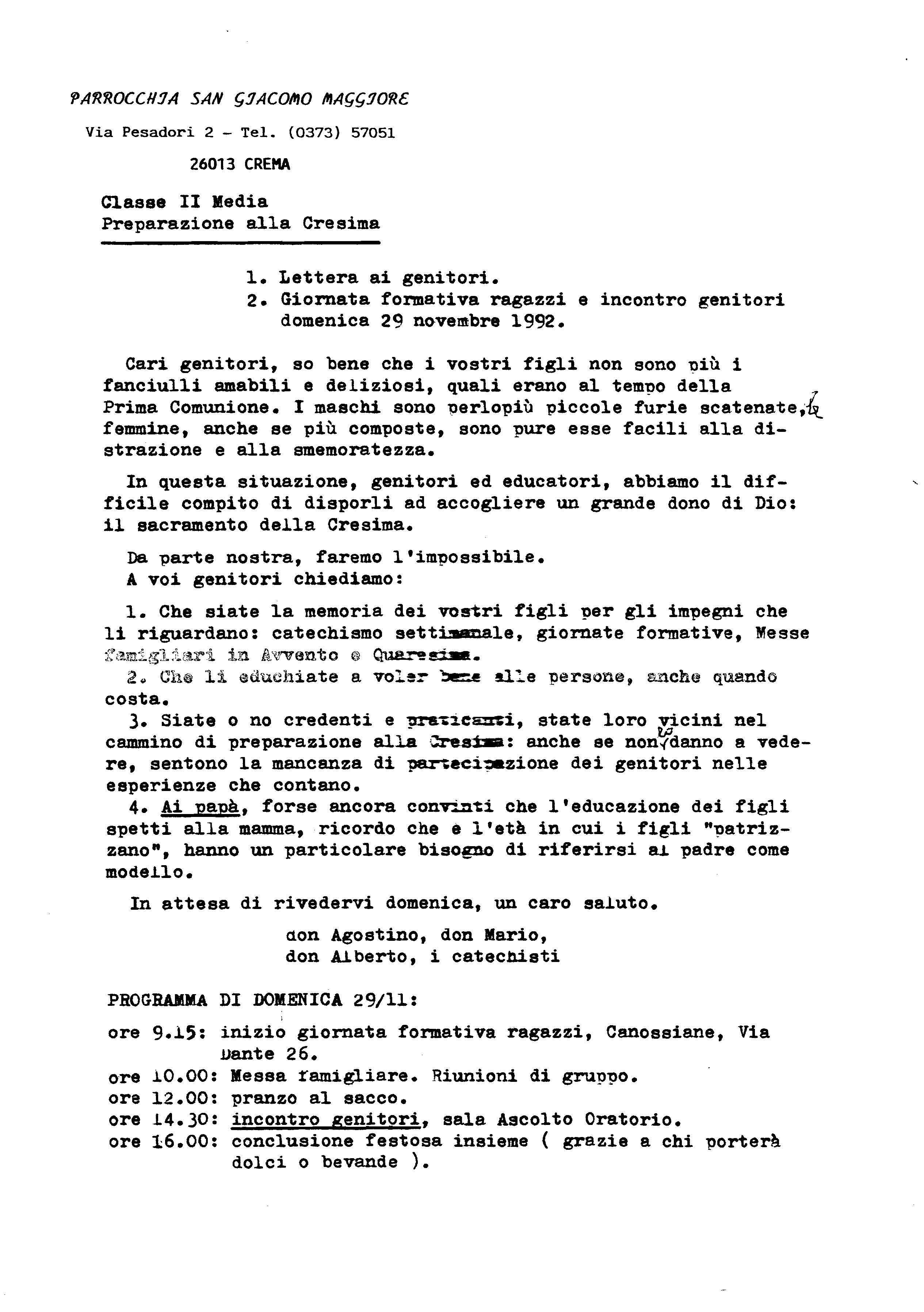 Don Agostino Cantoni - Cresima 2/Cresima 1992 lettera ai genitori
