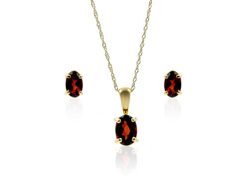 9ct Yellow Gold Garnet Earrings and Pendant Set + 46cm Prince of Wales Chain