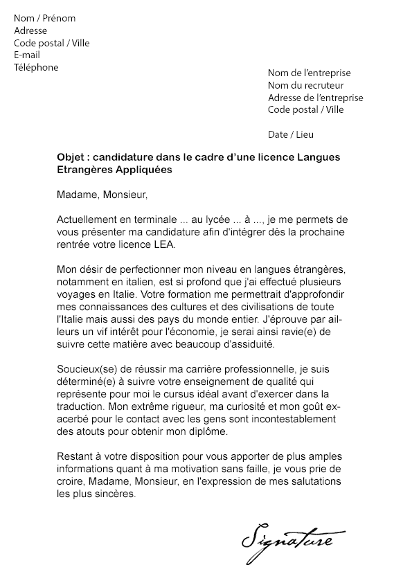 Lettre de motivation Licence LEA - Modèle de Lettre