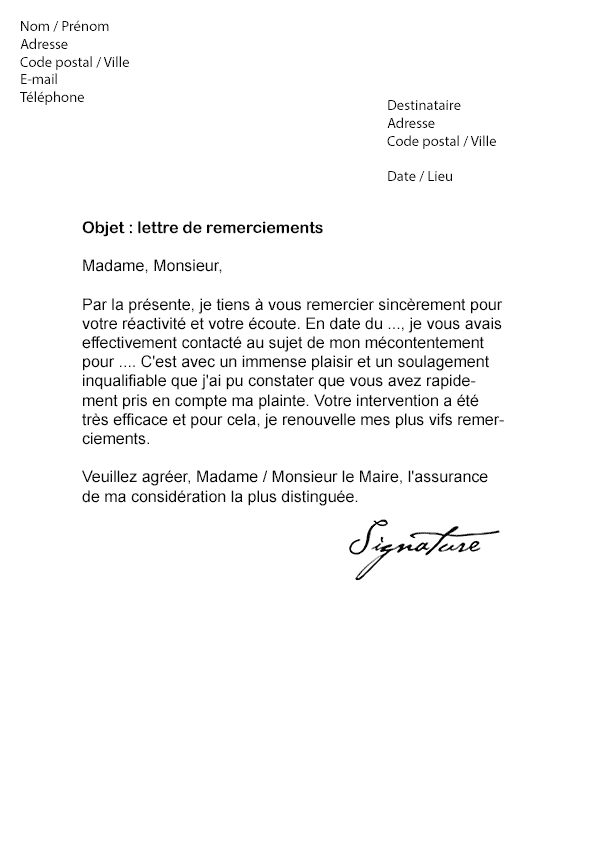 Lettre de remerciement au Maire - Modèle de Lettre