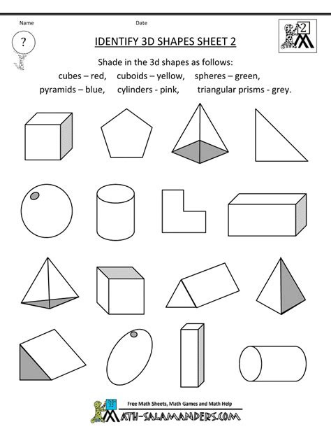  second grade geometry shapes worksheet kindergarten 3d shapes