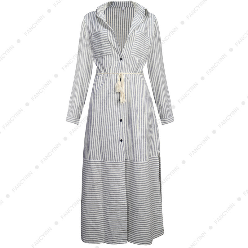 Women s Long Sleeve Side Slit Button Down Striped Maxi Women s Long Sleeve Side Slit Button Down Striped Maxi