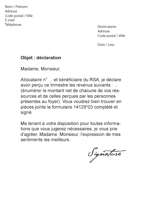 Lettre de déclaration Trimestrielle RSA - Modèle de Lettre