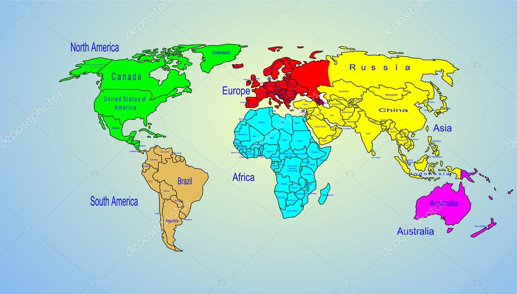 Welt Farbe Karte Kontinente und L ndernamen Stockvektor Welt Farbe Karte Kontinente und L ndernamen Stockvektor