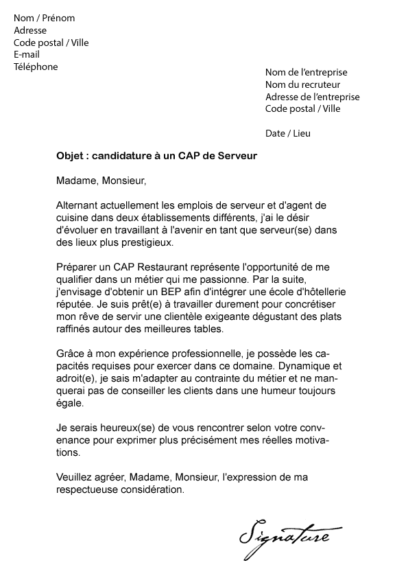 Lettre de motivation CAP Serveur - Modèle de Lettre