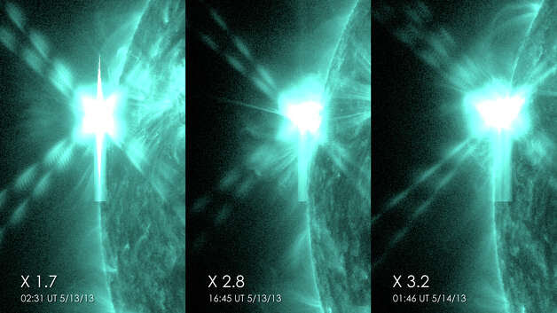 These pictures from NASA's Solar Dynamics Observatory show the three X-class flares that the sun emitted in under 24 hours on May 12-13, 2013. The images show light with a wavelength of 131 angstroms, which is particularly good for showing solar flares and is typically colorized in teal.
Credit: NASA/SDO Photo: NASA