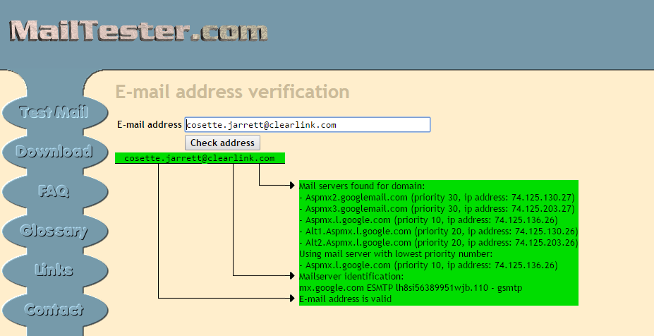 A screenshot of MailTester.com showing an email address is still in use by highlighting it in green.