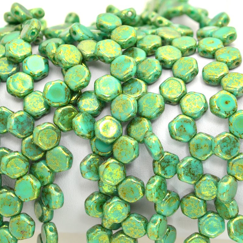 s47898 Czech Shaped Beads - 2 Hole Honeycombs - Green Turquoise Lumi (Strand of 30)